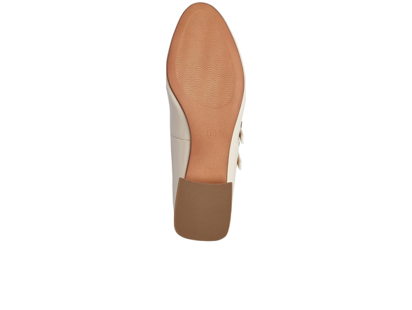Marco Tozzi 2-22209-44 cream  patent Mary-Jane shoe with a double strap against a white background sole view