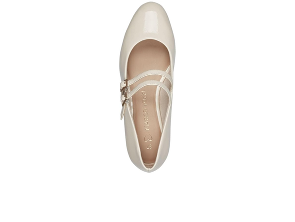 Marco Tozzi 2-22209-44 cream  patent Mary-Jane shoe with a double strap against a white background top view