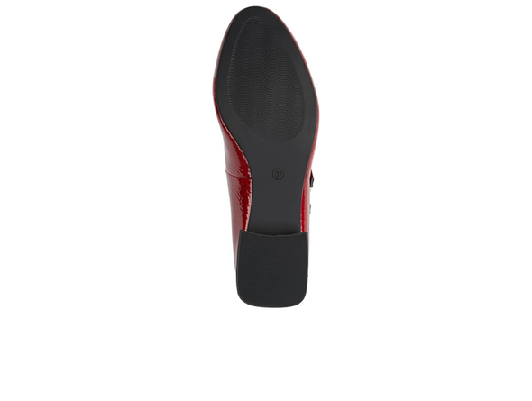 Marco Tozzi 2-22209-44 566 - red  patent Mary-Jane shoe with a double strap against a white background, sole view