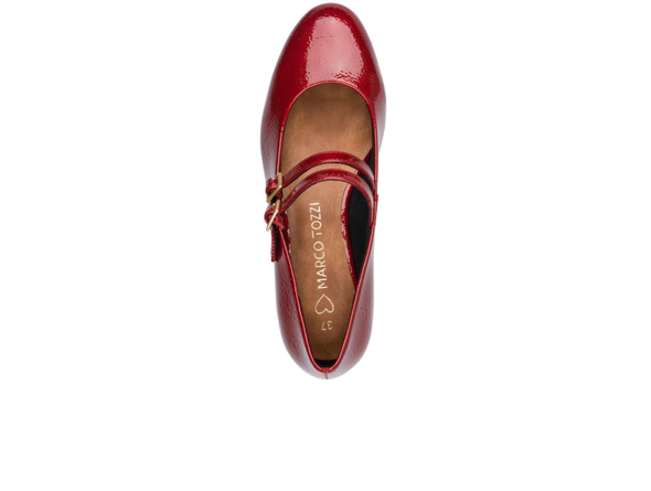 Marco Tozzi 2-22209-44 566 - red  patent Mary-Jane shoe with a double strap against a white background, top view