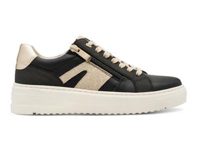 Marco Tozzi 2-23750-45 098 - Black Combi  laced black sneakers with a side zip, gold accents on a white background. 
