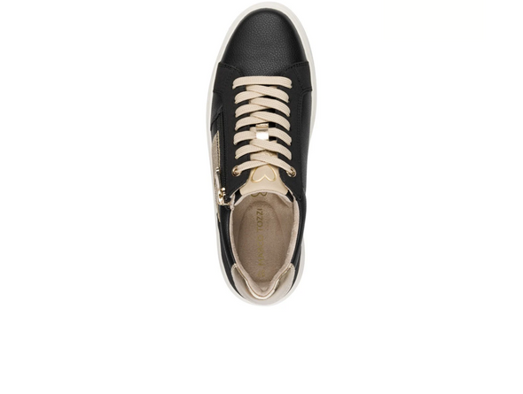 Marco Tozzi 2-23750-45 098 - Black Combi  laced black sneakers with a side zip, gold accents on a white background top view