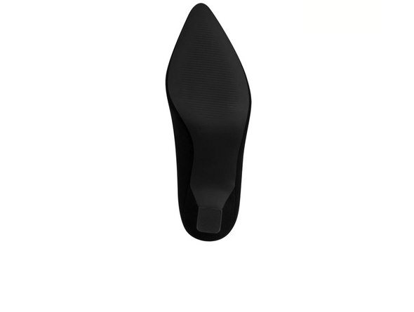 Marco Tozzi 22418 001 - Black suede court shoe with a medium heel on a white background sole view