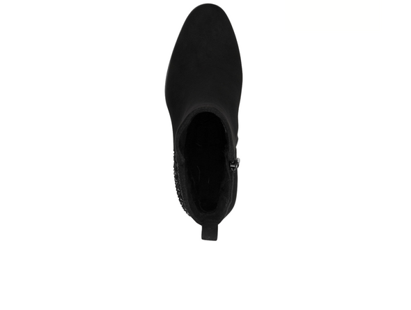 Marco Tozzi 25336-45 001 - -Black suede ankle boot with a beaded geometric design on the back. a medium heel in block format top view