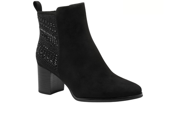 Marco Tozzi 25336-45 001 - -Black suede ankle boot with a beaded geometric design on the back. a medium heel in block format upper view