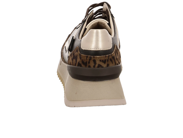Mephisto Angie - laced Walnut sneaker with leopard print accents on a white background back view