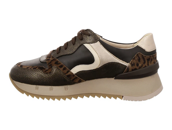 Mephisto Angie - laced Walnut sneaker with leopard print accents on a white background inner view