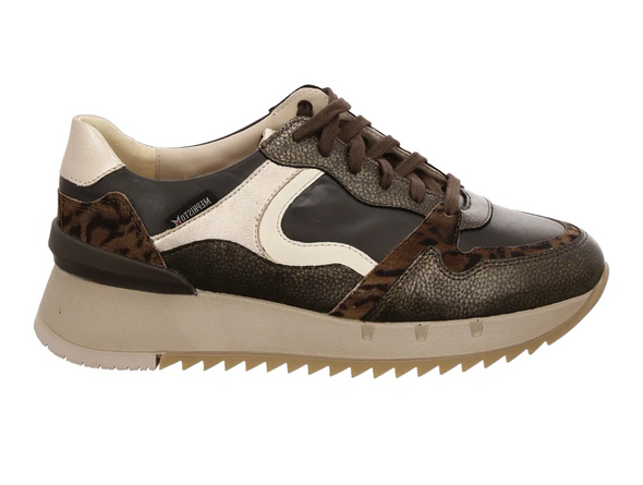 Mephisto Angie - laced Walnut sneaker with leopard print accents on a white background