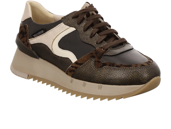 Mephisto Angie - laced Walnut sneaker with leopard print accents on a white background upper view