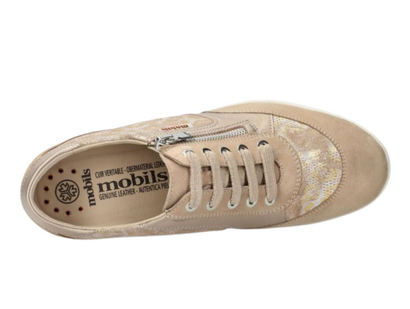 Mobils Patrizia 9553 - Sand wedge sneaker, laced with outer zip, white sole on a white background top view