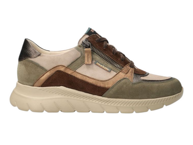 Moblis Rommy - Lichen green and brown multi coloured sneaker laced with a side zip on a cream sole against a white background 