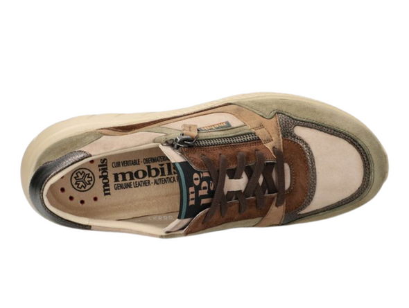 Moblis Rommy - Lichen green and brown multi coloured sneaker laced with a side zip on a cream sole against a white background top view
