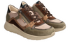 Moblis Rommy - pair of Lichen green and brown multi coloured sneakers laced with a side zip on a cream sole against a white background upper view