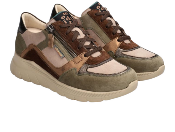 Moblis Rommy - pair of Lichen green and brown multi coloured sneakers laced with a side zip on a cream sole against a white background upper view