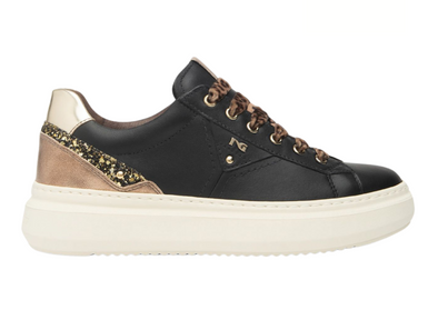 NeroGiardini I514160D-100 - Black laced sneaker with gold and glitter accents  with a white platform sole on a white background. 
