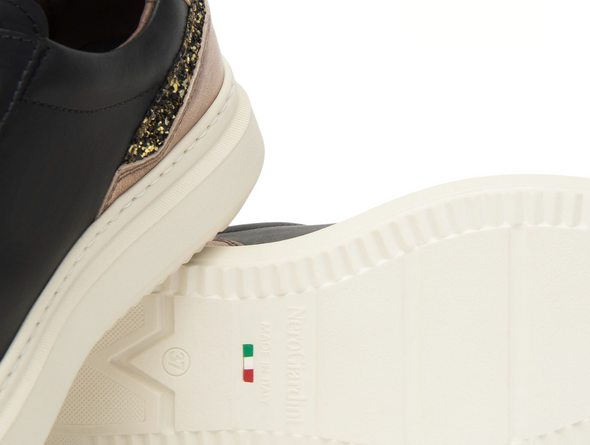 NeroGiardini I514160D-100 - pair of Black sneakers with gold and glitter accents; leopard print laces