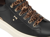 NeroGiardini I514160D-100 - Black sneakers with gold and glitter accents; leopard print laces and a white platform sole on a white background.