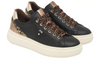 NeroGiardini I514160D-100 - pair of Black sneakers with gold and glitter accents; leopard print laces and a white platform sole on a white background. 