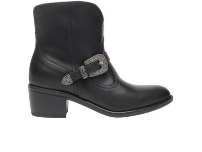 NeroGiardini I513900D 100 - Black western inspired ankle boot with a silver buckle on a white background
