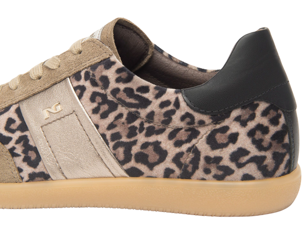 NeroGiardini I514052D-501 laced sneaker in Taupe with leopard print pattern on a white background back view