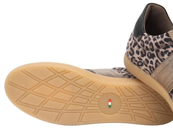 Close-up of NeroGiardini I514052D-501 laced sneaker in Taupe with leopard print pattern and a visible brand logo on a white background.