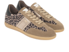 Pair of NeroGiardini I514052D-501 laced sneakers in Taupe with leopard print pattern on a white background