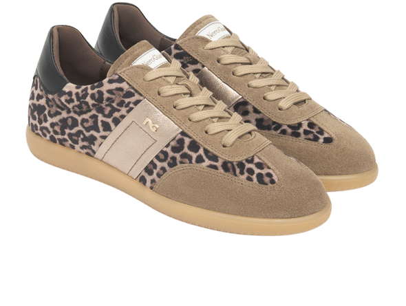 Pair of NeroGiardini I514052D-501 laced sneakers in Taupe with leopard print pattern on a white background