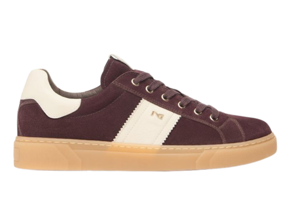 NeroGiardini I514151D 613 - laced Burgundy sneaker with white and tan accents on a white background
