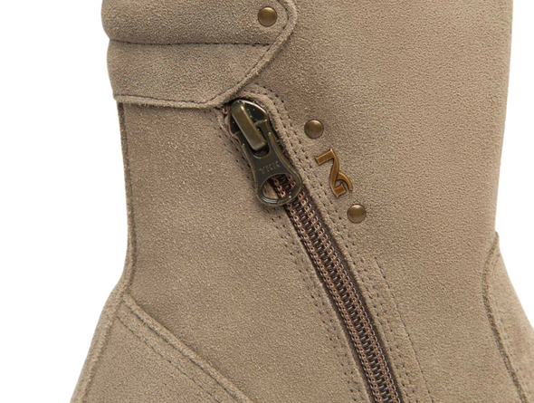 Close-up of NeroGiardini I514914D-501 - Taupe ankle boot with a sip close and a tonal platform sole on a white background