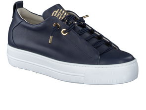 Paul  Green Super Soft 5017-018 - Navy Gold sneaker, laced on white background.