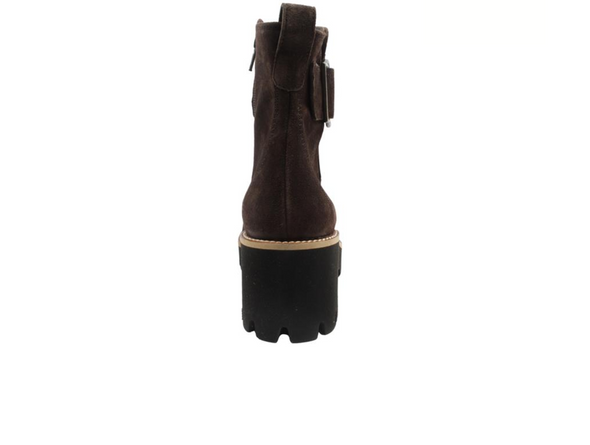 Paul Green 9763-198 - Mocca suede boot with a gold buckle and inner zip on a white background, back view