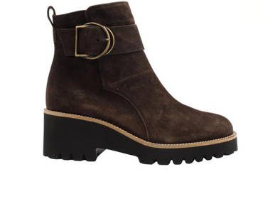 Paul Green 9763-198 - Mocca suede boot with a gold buckle on a white background. 