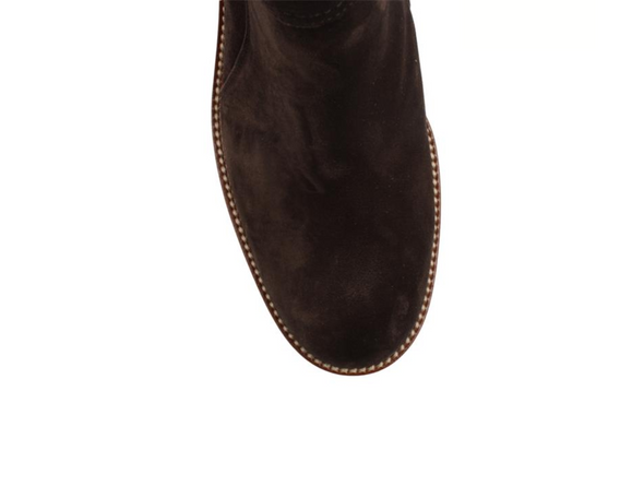 Paul Green 9763-198 - Mocca suede boot with a gold buckle on a white background toe view