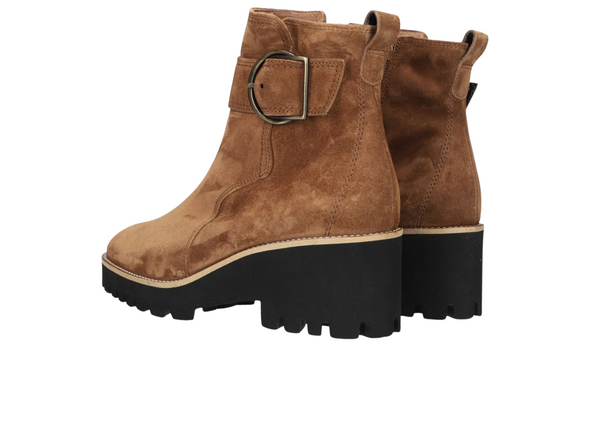 Paul Green 9763-208 - Cognac suede boots with a black sole golden buckle against a white background back view