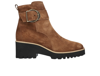 Paul Green 9763-208 - Cognac suede boots with a black sole golden buckle against a white background