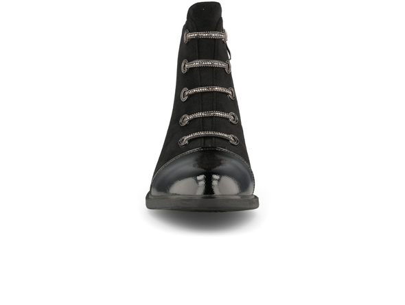 Redz D6415 Black ankle boot with decorative laces on a white background