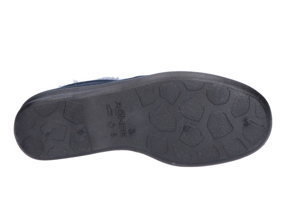 Rohde 2516 50 - Blue bootie slipper with fur lining on whit background. sole view