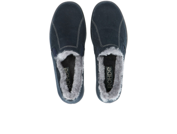 Rohde 2516 50 - Blue bootie slipper with fur lining on whit background. top view