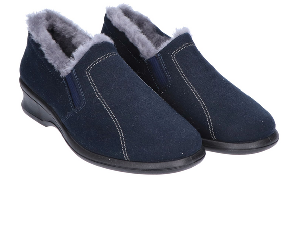 Rohde 2516 50 - pair of Blue bootie slipper with fur lining on whit background in upper view