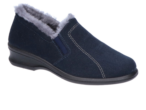 Rohde 2516 50 - Blue bootie slipper with fur lining on whit background in upper view