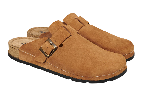 Pair of Rohde Sloave 6758-76  Tan  suede clogs with a buckle on a white background