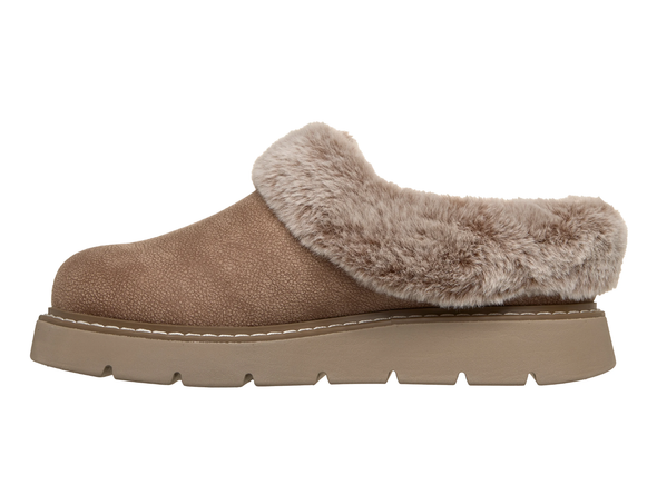 Skechers 114762 Bobs Keepsakes Lite - Cozy Blend full shoe slipper in Taupe. Faux fur lining and trim on a white background inner view