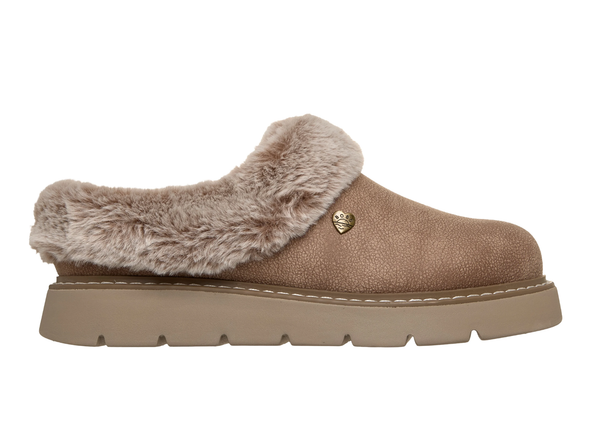 Skechers 114762 Bobs Keepsakes Lite - Cozy Blend full shoe slipper in Taupe. Faux fur lining and trim on a white background