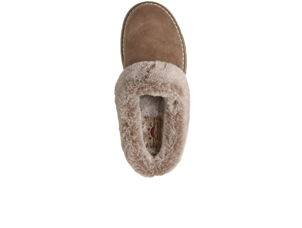 Skechers 114762 Bobs Keepsakes Lite - Cozy Blend full shoe slipper in Taupe. Faux fur lining and trim on a white background top view