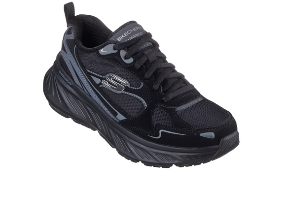 Skechers 150498 Relaxed Fit: Edgeride - Misty Skies - Black waterproof laced sneaker on a white background upper view
