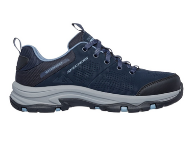 Skechers 180119 Waterproof Relaxed Fit: Trego - Trail Destiny - Navy Grey waterproof walking sneaker, laced with a  grey sole on a white background. 