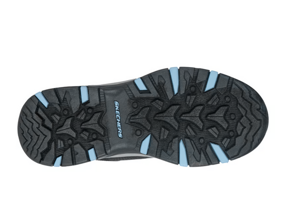 Skechers 180119 Waterproof Relaxed Fit: Trego - Trail Destiny - Navy Grey waterproof walking sneaker, laced with a  grey sole on a white background sole view