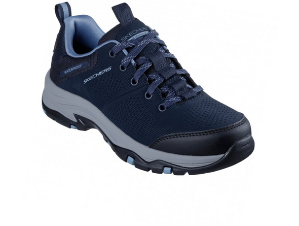 Skechers 180119 Waterproof Relaxed Fit: Trego - Trail Destiny - Navy Grey waterproof walking sneaker, laced with a  grey sole on a white background upper view