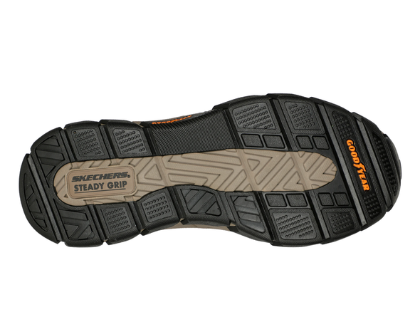 Skechers 204810 Slip-ins RF: Respected - Elgin - Dark Brown Sole with 'Skechers' and 'Goodyear' branding on a white background