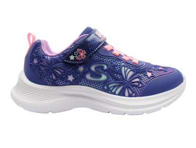 Skechers 303380L Jumpsters 2.0 - Butterfly Flush - Navy Multi laced sneaker, Velcro strap with cut-out butterfly design on a white background